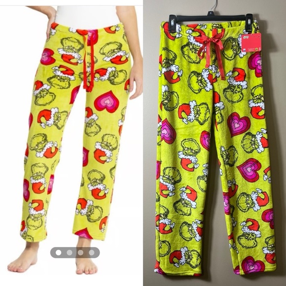 NWT Dr Seuss Grinch Santa Hat Heart Pajama Pants Cozy Holiday Green Size Small - Picture 1 of 8